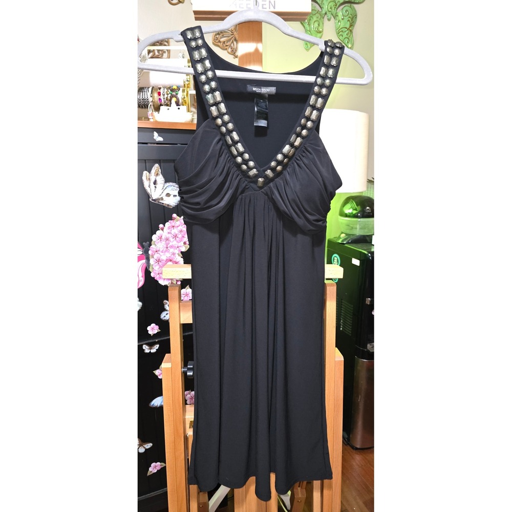 Bisou Bisou Michele Bohbot Black Studded V-Neck Ruched Empire Waist Dress 10